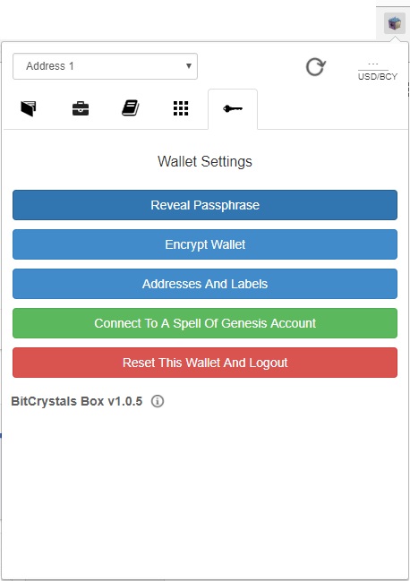 bitcrystals box wallet settings